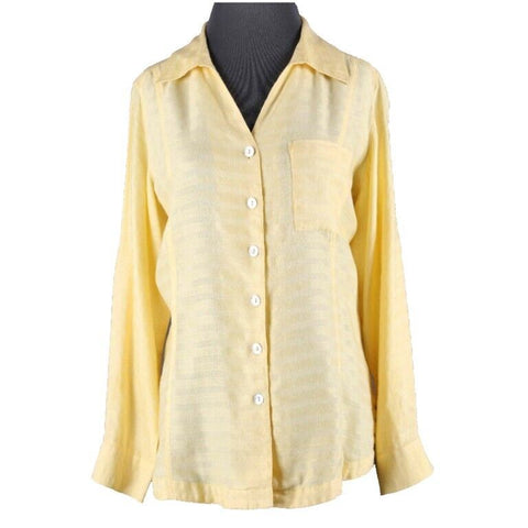 Travel Smith Sz MP Yellow Striped Tab Sleeve Rayon Linen Top