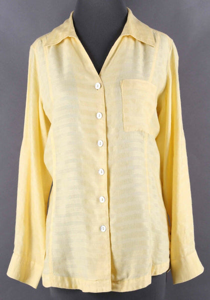 Travel Smith Sz MP Yellow Striped Tab Sleeve Rayon Linen Top