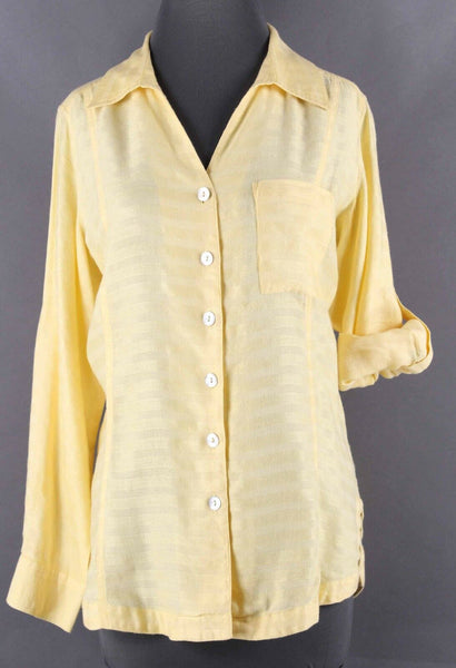 Travel Smith Sz MP Yellow Striped Tab Sleeve Rayon Linen Top