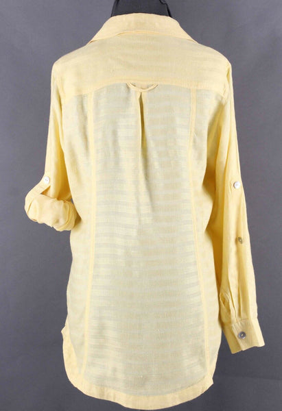 Travel Smith Sz MP Yellow Striped Tab Sleeve Rayon Linen Top
