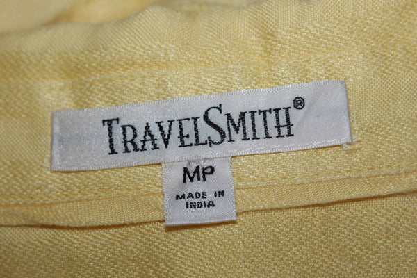 Travel Smith Sz MP Yellow Striped Tab Sleeve Rayon Linen Top