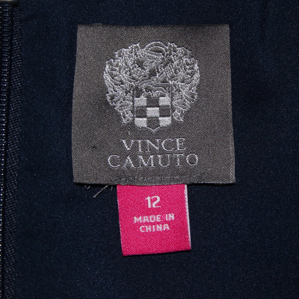 Vince Camuto Dress NEW Sz 12 Navy Blue High Neck Waterfall Side Detail Dress