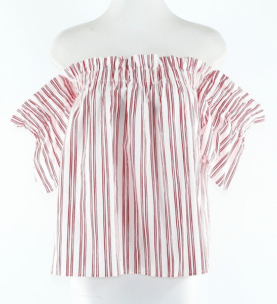 Essure NEW Sz S White Red Stripe 100% Cotton Off Shoulder Peasant Boho Top