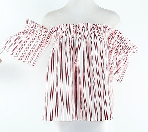 Essure NEW Sz S White Red Stripe 100% Cotton Off Shoulder Peasant Boho Top