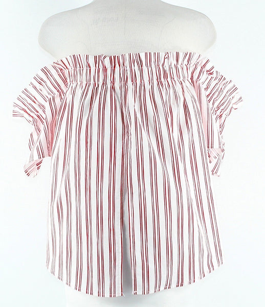 Essure NEW Sz S White Red Stripe 100% Cotton Off Shoulder Peasant Boho Top