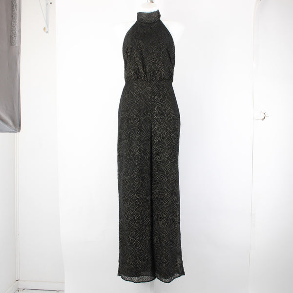 House Of Harlow Jumpsuit NEW Sz L Black Gold Black Polka Dots Nylon Jumpsuit