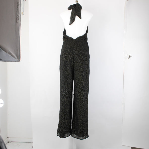 House Of Harlow Jumpsuit NEW Sz L Black Gold Black Polka Dots Nylon Jumpsuit