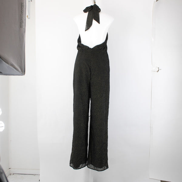 House Of Harlow Jumpsuit NEW Sz L Black Gold Black Polka Dots Nylon Jumpsuit