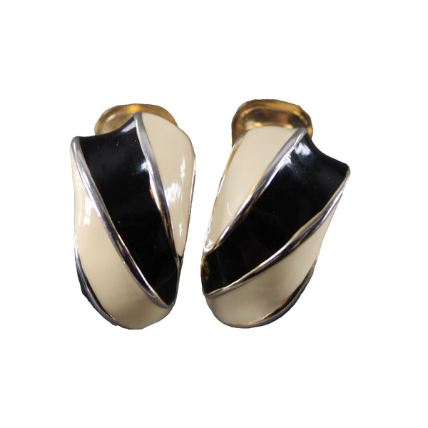 Landau Black Cream Enamel Goldtone Hoop 1" Clip On Earrings