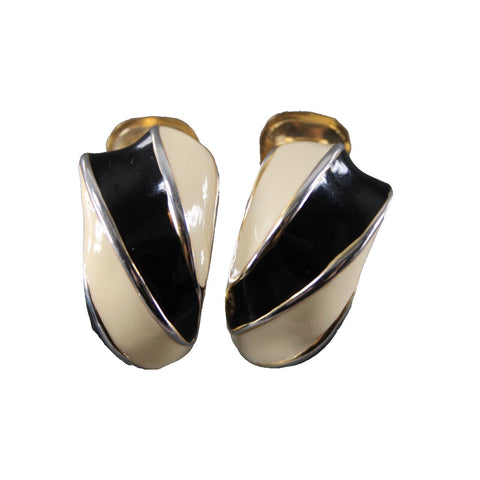 Landau Black Cream Enamel Goldtone Hoop 1" Clip On Earrings
