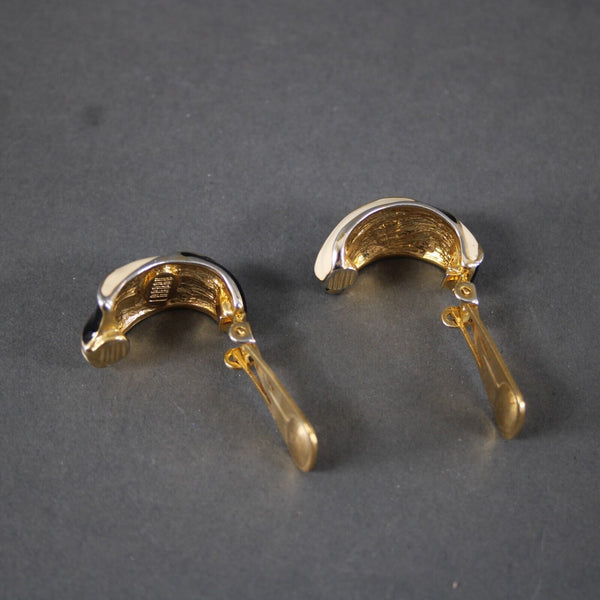 Landau Black Cream Enamel Goldtone Hoop 1" Clip On Earrings