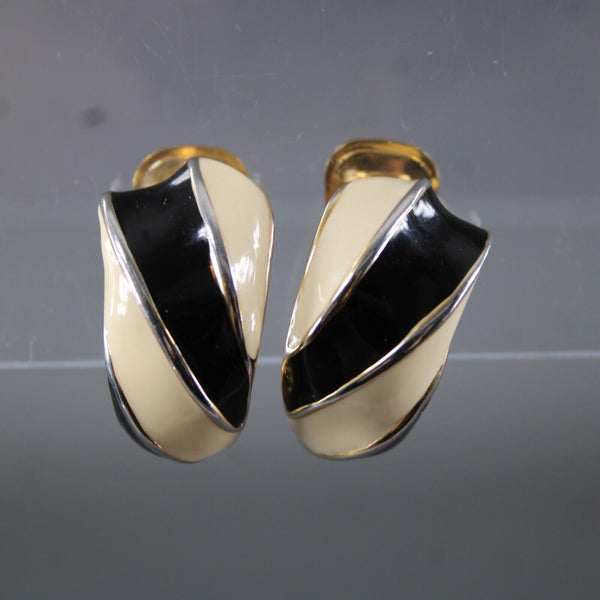 Landau Black Cream Enamel Goldtone Hoop 1" Clip On Earrings