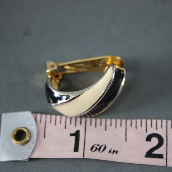 Landau Black Cream Enamel Goldtone Hoop 1" Clip On Earrings