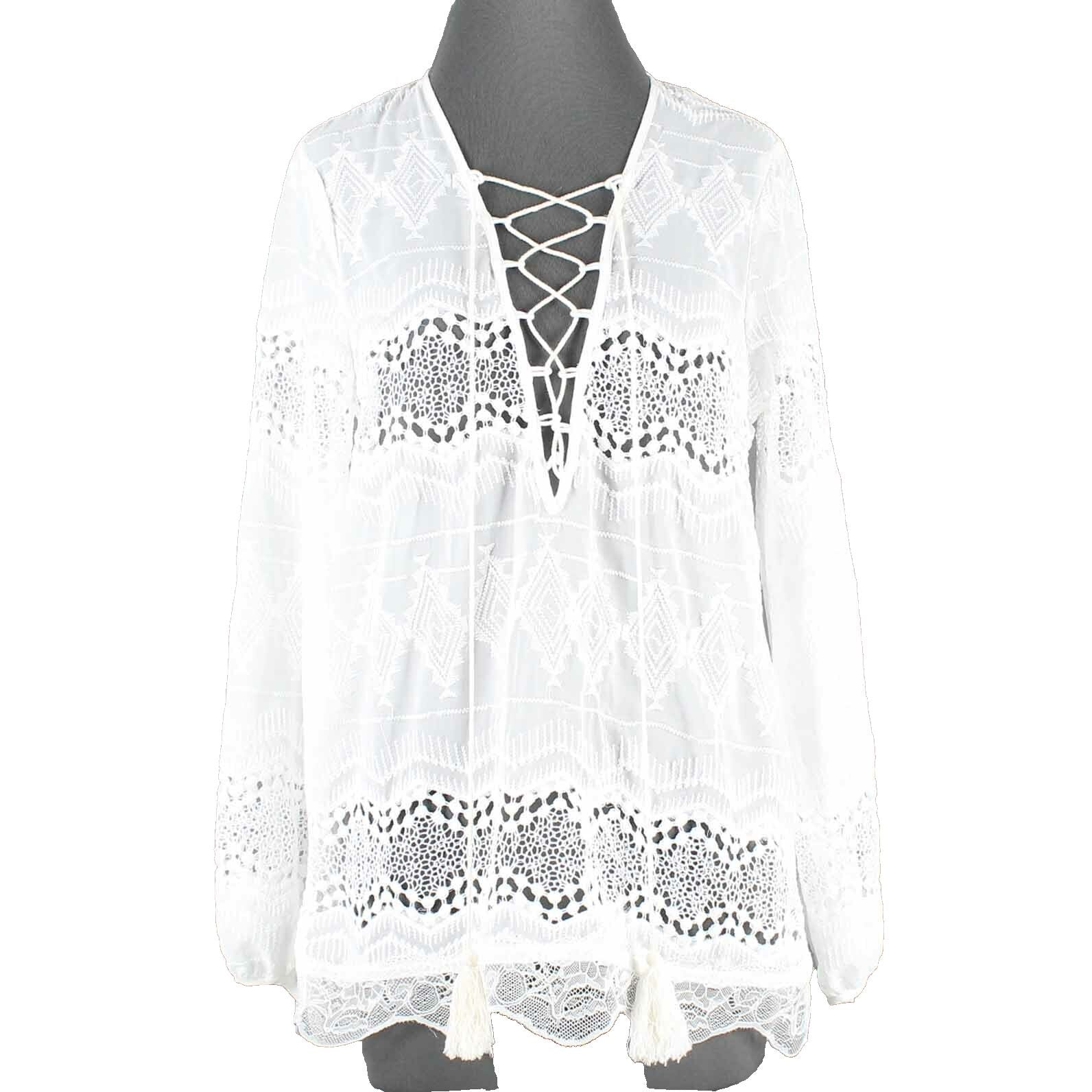Stella NEW $36 Sz S White Lace Tassel Lace Up Pullover Hi Lo 100% Poly Top