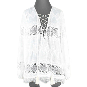Stella NEW $36 Sz S White Lace Tassel Lace Up Pullover Hi Lo 100% Poly Top