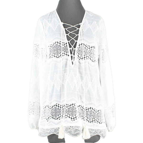 Stella NEW $36 Sz S White Lace Tassel Lace Up Pullover Hi Lo 100% Poly Top
