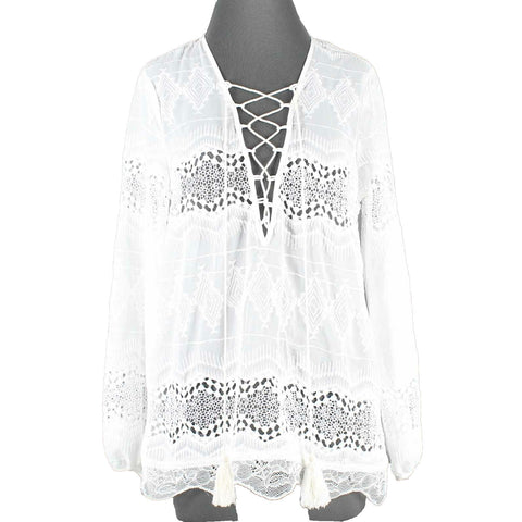 Stella NEW $36 Sz S White Lace Tassel Lace Up Pullover Hi Lo 100% Poly Top