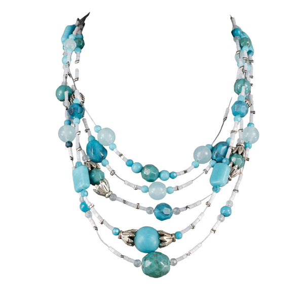 Fashion 15" Ext. 3.5" Silvertone Blue Beaded Multi Strands Necklace