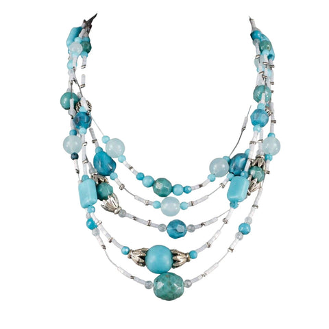 Fashion 15" Ext. 3.5" Silvertone Blue Beaded Multi Strands Necklace