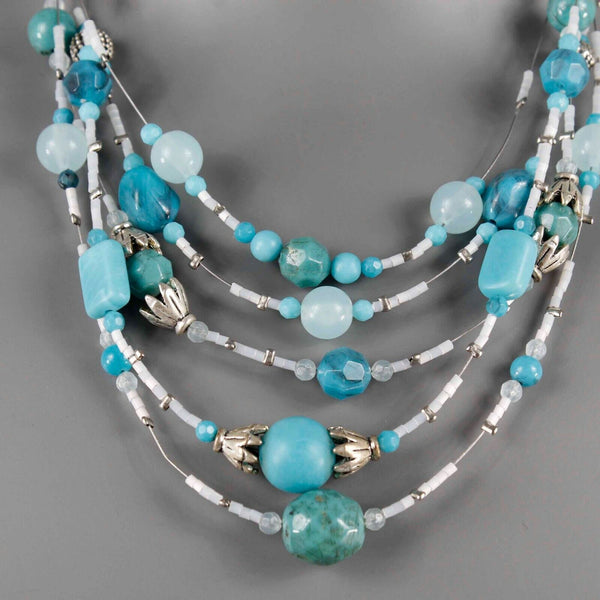 Fashion 15" Ext. 3.5" Silvertone Blue Beaded Multi Strands Necklace