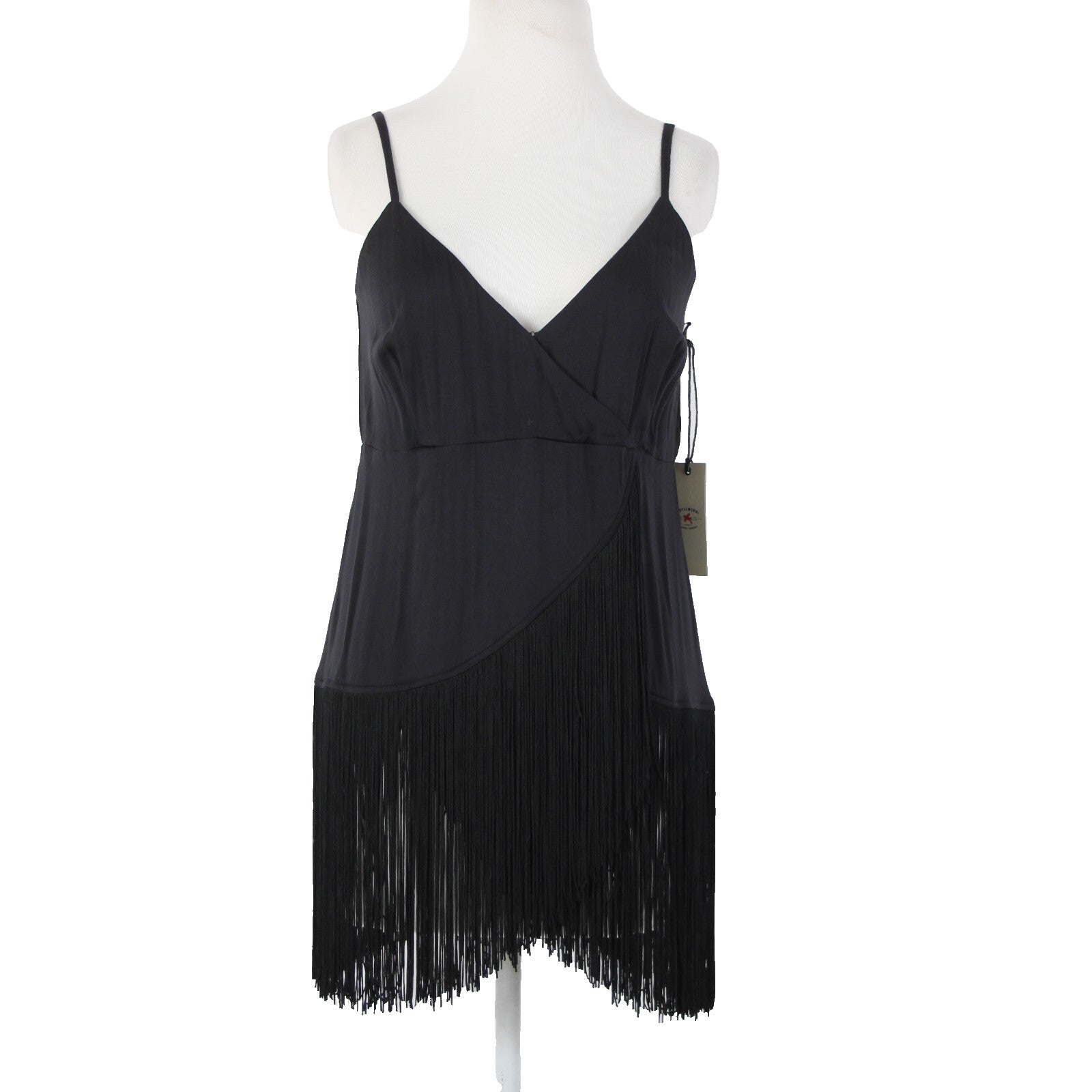 Idyllwind NEW $59 Song F Sz L Black Fringe V Neck Asymetrical Rayon Spandex Top