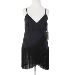 Idyllwind NEW $59 Song F Sz L Black Fringe V Neck Asymetrical Rayon Spandex Top