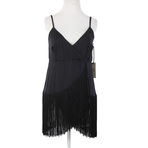Idyllwind NEW $59 Song F Sz L Black Fringe V Neck Asymetrical Rayon Spandex Top