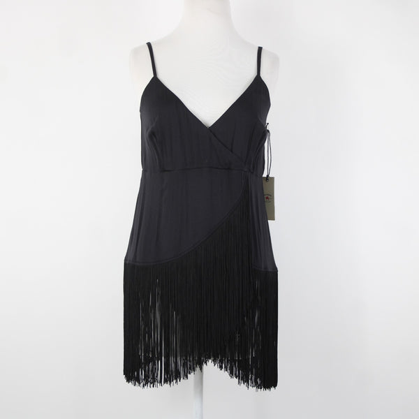 Idyllwind NEW $59 Song F Sz L Black Fringe V Neck Asymetrical Rayon Spandex Top