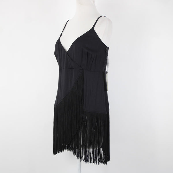 Idyllwind NEW $59 Song F Sz L Black Fringe V Neck Asymetrical Rayon Spandex Top