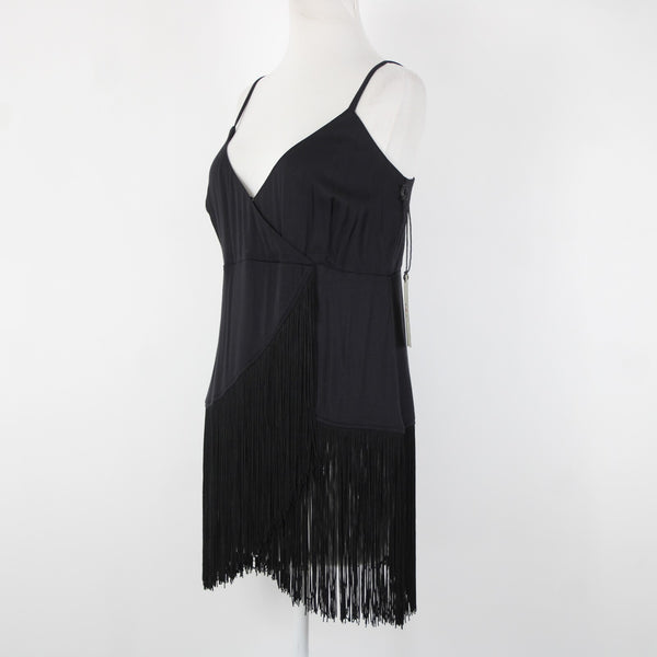 Idyllwind NEW $59 Song F Sz L Black Fringe V Neck Asymetrical Rayon Spandex Top