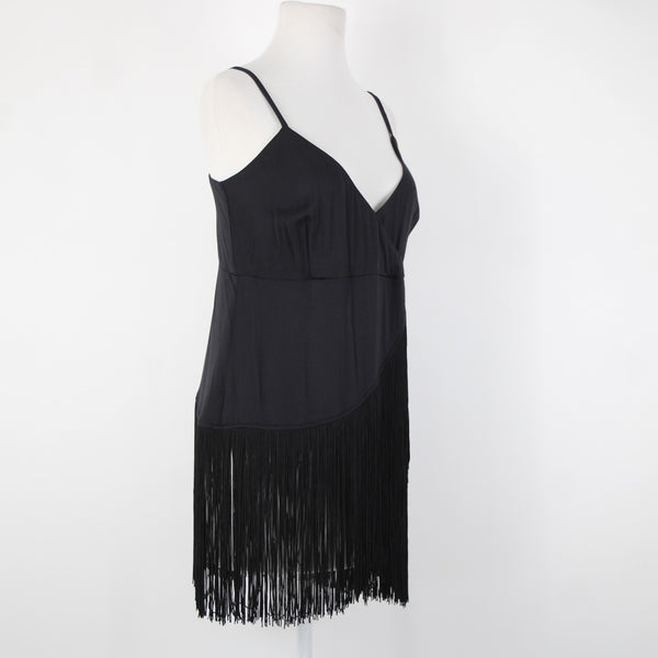 Idyllwind NEW $59 Song F Sz L Black Fringe V Neck Asymetrical Rayon Spandex Top