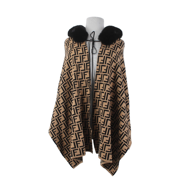 Frank Lyman Wrap Sweater Sz One Size Brown Black Logo Faux Fur Rayon Wrap