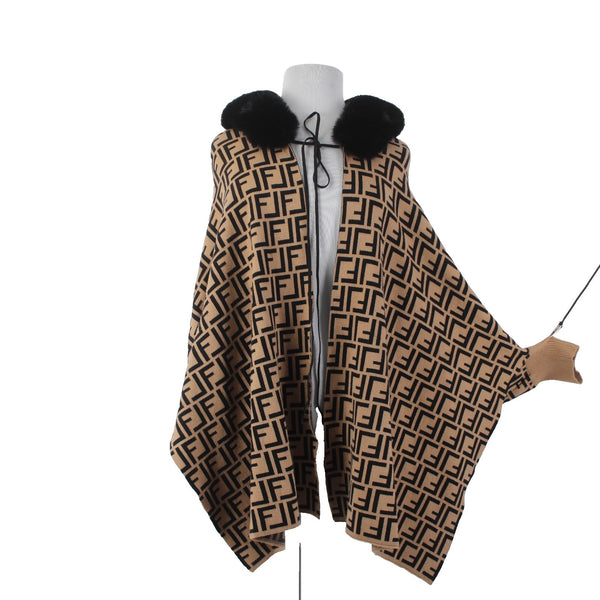 Frank Lyman Wrap Sweater Sz One Size Brown Black Logo Faux Fur Rayon Wrap