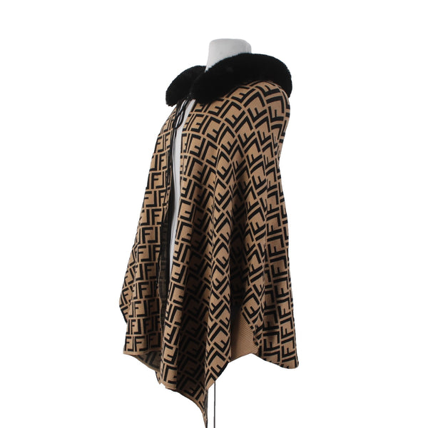 Frank Lyman Wrap Sweater Sz One Size Brown Black Logo Faux Fur Rayon Wrap