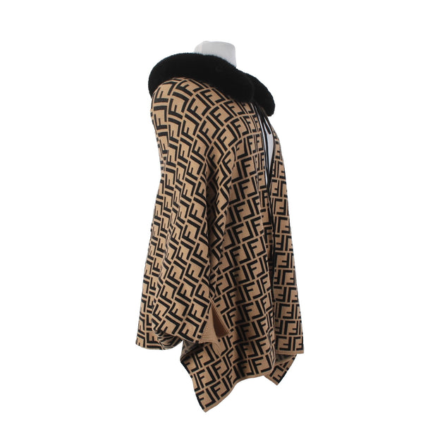 Frank Lyman Wrap Sweater Sz One Size Brown Black Logo Faux Fur Rayon Wrap