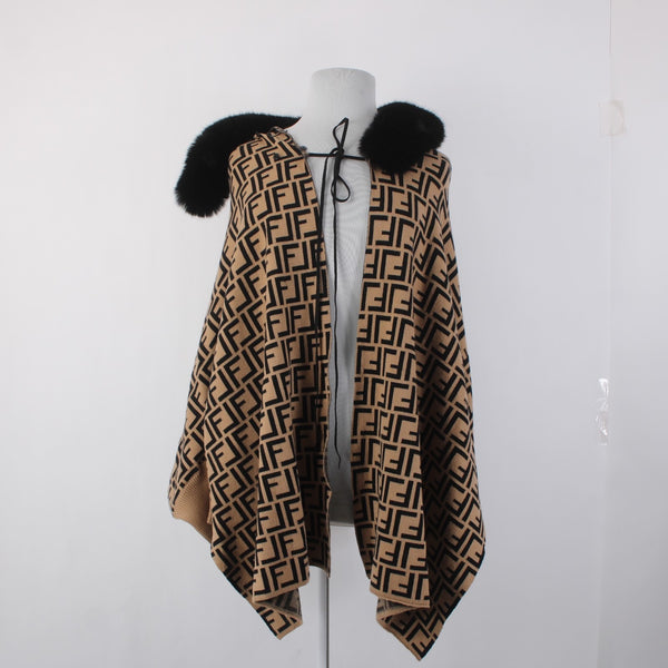 Frank Lyman Wrap Sweater Sz One Size Brown Black Logo Faux Fur Rayon Wrap