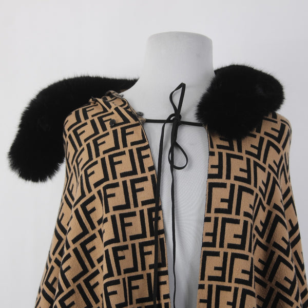 Frank Lyman Wrap Sweater Sz One Size Brown Black Logo Faux Fur Rayon Wrap