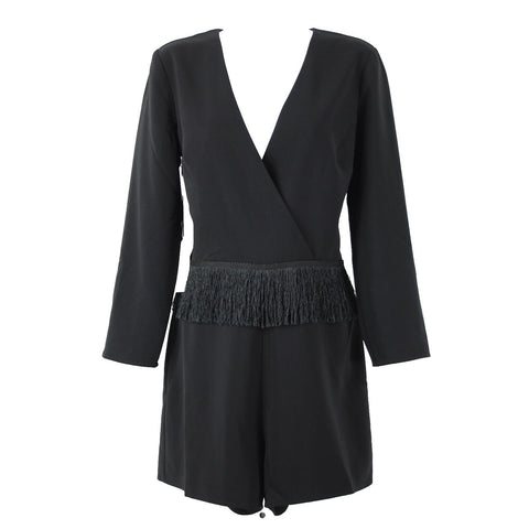 Ali Jay NEW Sz M Black Fringe V Neck Lined Long Sleeve Polyester Spandex Romper