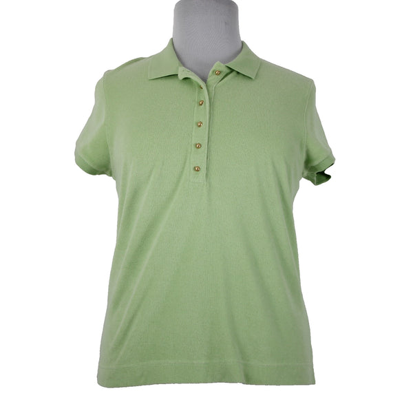 Talbots NEW Sz XL Lime Green Collared French Terry Cotton Blend Gold Buttons Top