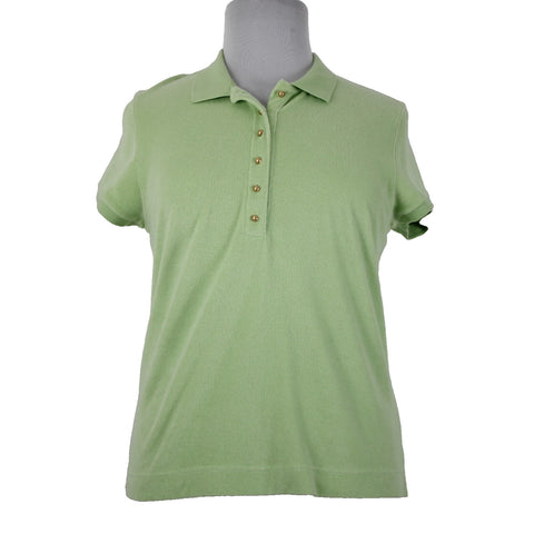 Talbots NEW Sz XL Lime Green Collared French Terry Cotton Blend Gold Buttons Top