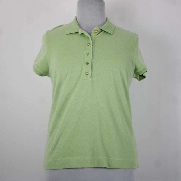 Talbots NEW Sz XL Lime Green Collared French Terry Cotton Blend Gold Buttons Top