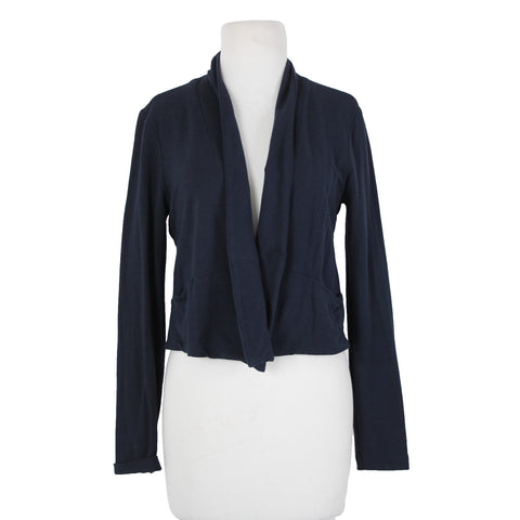 Cabi Sz M Navy Blue Collared Modal Cotton Spandex Wrap Cropped Cardigan Sweater