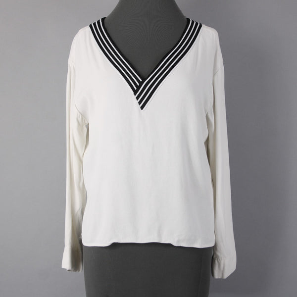 Maje Top Sz 1 White Black V Neck Striped Trim 100% Viscose Polyester Top