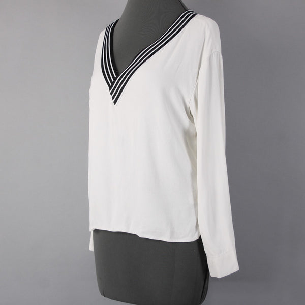 Maje Top Sz 1 White Black V Neck Striped Trim 100% Viscose Polyester Top