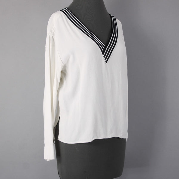 Maje Top Sz 1 White Black V Neck Striped Trim 100% Viscose Polyester Top