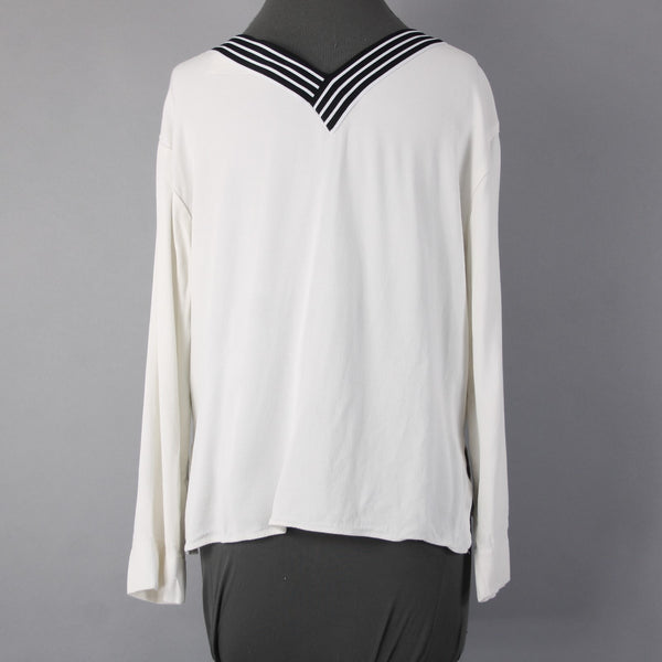 Maje Top Sz 1 White Black V Neck Striped Trim 100% Viscose Polyester Top