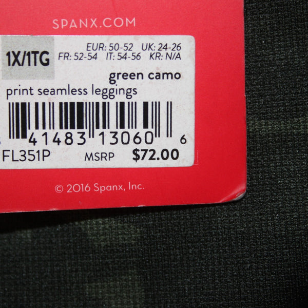 Spanx AW Pant NEW $72 Sz 1X x 27 Green Camo Print Seamless Nylon Spandex AW Pant