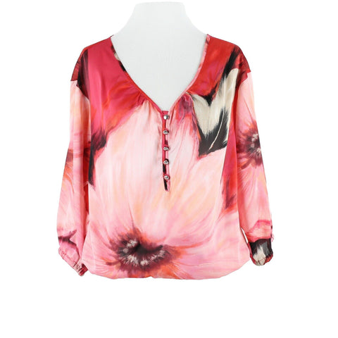 White House Black Market Sz XS Pink Multi Drawstring Hem 100% Polyester Top