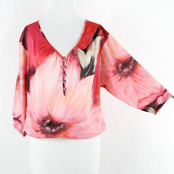 White House Black Market Sz XS Pink Multi Drawstring Hem 100% Polyester Top