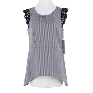 Cabi NEW $92 Sz S Navy Blue White Stripe Lace Cap Sleeve Cotton Blend Top
